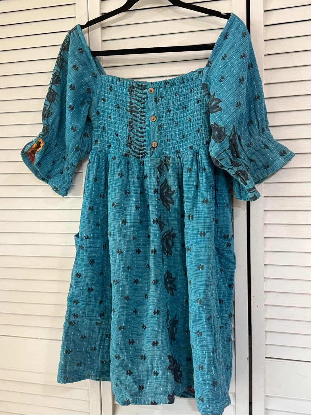 Kantha 100% Cotton Blue Off Shoulder Romper Button Front boho hippie 70’s